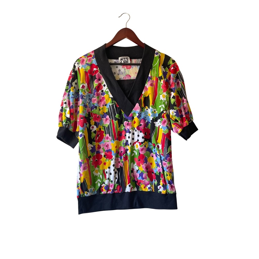 Vintage Jerri & Me Floral Polka Dot V-Neck Top Multi-Color 80s 90s